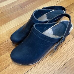 No. 6 black leather wedge clogs